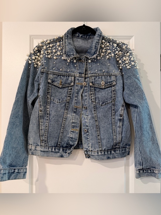 Source Unknown Jackets & Blazers - Source Unknown Blue Denim Jacket with Pearl Shoulder Embellishments